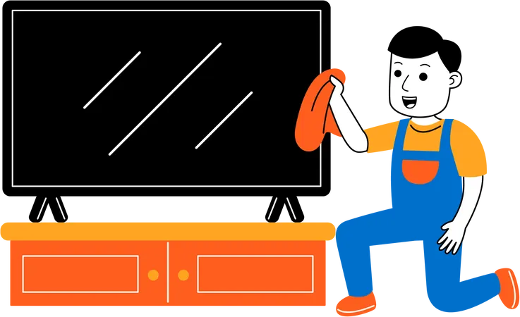 Male housekeeper wiping television  Illustration