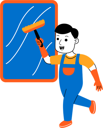 Male housekeeper wiping window  Illustration