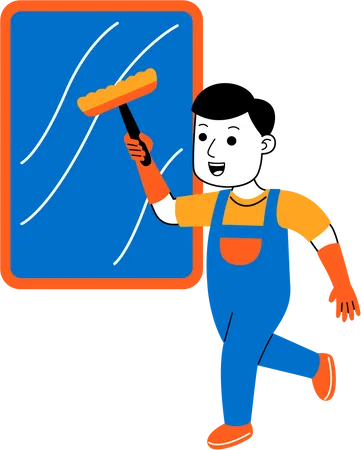 Male housekeeper wiping window  Illustration