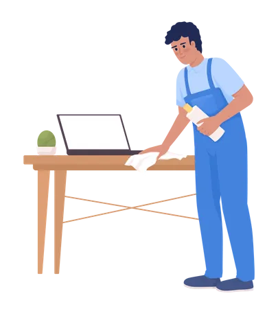 Male housekeeper wiping wood table with laptop Illustration