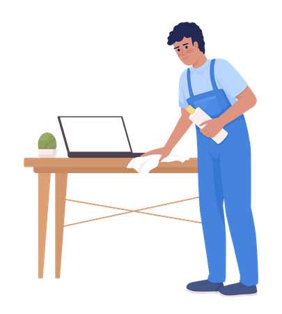 Male housekeeper wiping wood table with laptop  Illustration