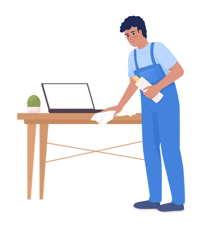 Male housekeeper wiping wood table with laptop  Illustration