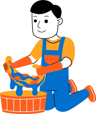 Male housekeeper wringing out a mop  Illustration