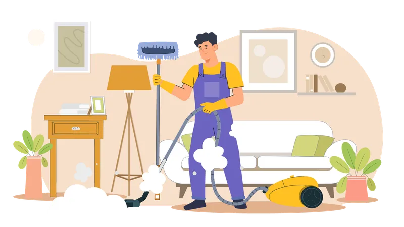 Male Housekeeping worker vacuuming the floor  Illustration