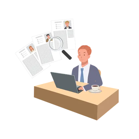 Male Human Resources Professional Using Magnifying Glass for Job Application Screening and Candidate Review  Illustration