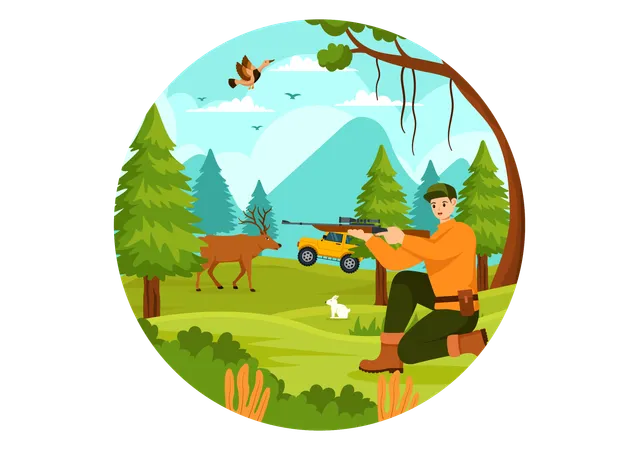 Hunting Vector Illustration With Hunter Rifle Or Weapon For Shooting To Birds Or Wild Animals In The Forest On Flat Cartoon Background Design イラスト
