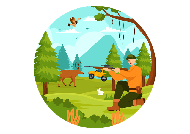 Male Hunter Shooting Animal  Illustration