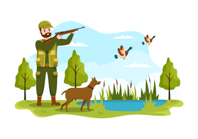 Male Hunter with Hunting Rifle Illustration