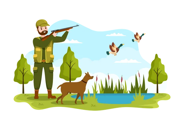 Male Hunter with Hunting Rifle Illustration