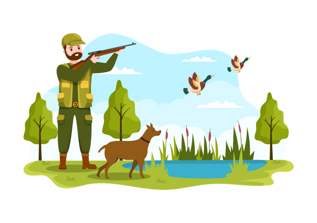 Male Hunter with Hunting Rifle  Illustration