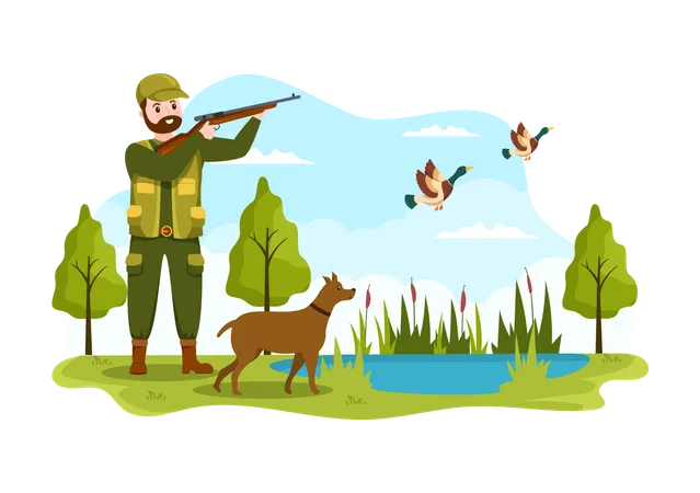 Male Hunter with Hunting Rifle  Illustration