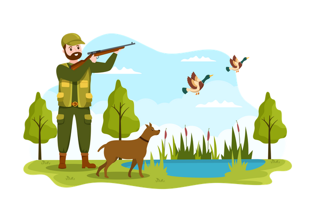Male Hunter with Hunting Rifle  Illustration