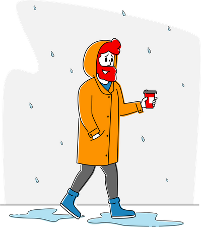 Male in Cloak Holding Coffee Cup Walk without Umbrella under Rain Illustration