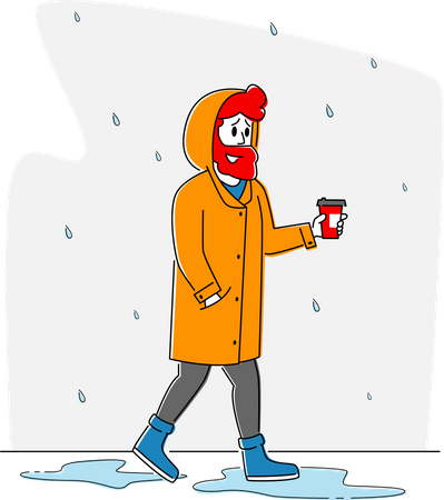 Male in Cloak Holding Coffee Cup Walk without Umbrella under Rain  Illustration