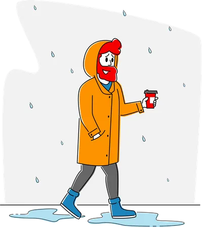 Male in Cloak Holding Coffee Cup Walk without Umbrella under Rain  Illustration