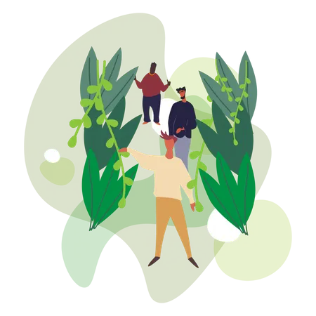 Explorers Male Characters In Garden With Large Green Beautiful Leaves People Enjoy Picturesque Landscape Of Plants Concept Of Discovery Exploration Hiking Eco Style Adventure Tourism And Travel Illustration