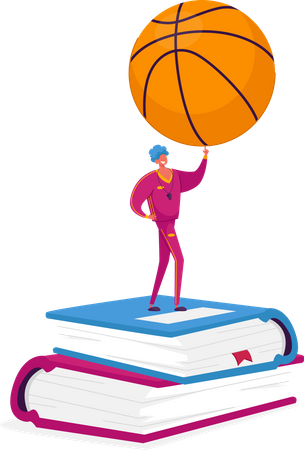 Male in Sportive Costume and Whistle on Neck Holding Basketball Ball Stand on Pile of Books  Illustration