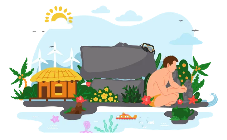 Male in underpants resting on Jeju island Illustration