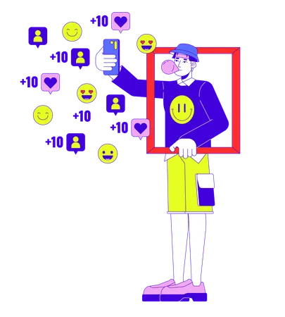 Male Influencer Selfie Posting On Social Media 2 D Linear Illustration Concept Korean Stylish Man With Cellphone Cartoon Character Isolated On White Internet Personality Metaphor Abstract Flat Vector Illustration