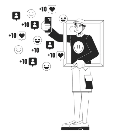 Male Influencer Selfie Posting On Social Media Black And White 2 D Illustration Concept Asian Man Phone Cartoon Outline Character Isolated On White Internet Personality Metaphor Monochrome Vector Art Illustration