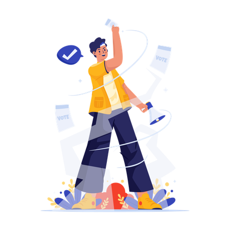 Male influencer with ballot paper and megaphone as election campaign team  Illustration