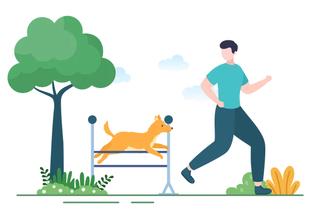 Dogs Training Center At Playground With Instructor Teaching Pets Or Play For Tricks And Jumping Skills In Flat Cartoon Background Illustration Illustration