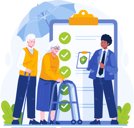 Male Insurance Agent Explains and Offers an Insurance Policy to an Elderly Couple for Old Age Guaranteed  Illustration