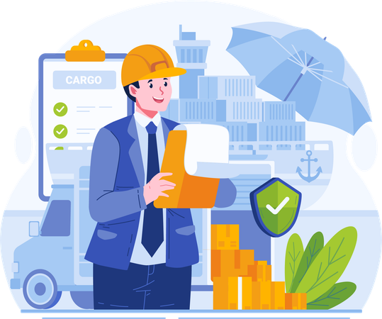 Male Insurance Agent Holding a Clipboard With an Insurance Policy in Front of Ship Cargo Truck Container  イラスト