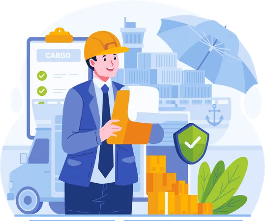 Male Insurance Agent Holding a Clipboard With an Insurance Policy in Front of Ship Cargo Truck Container  Illustration