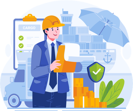 Male Insurance Agent Holding a Clipboard With an Insurance Policy in Front of Ship Cargo Truck Container  Illustration