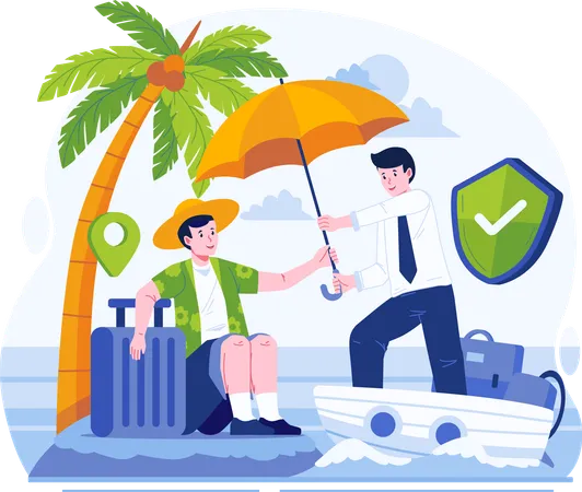 A Male Insurance Agent Holding An Umbrella Using A Boat Rescued A Stranded Male Traveler Travel Insurance Concept Illustration Illustration