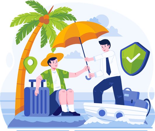 Male Insurance Agent Holding an Umbrella Using a Boat Rescued a Stranded Male Traveler  Illustration