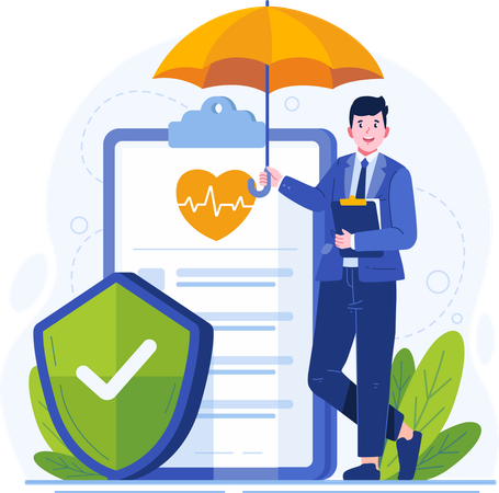 Male Insurance Agent Standing With Crossed Legs Holding an Umbrella Near a Huge Insurance Policy Paper Document  Illustration