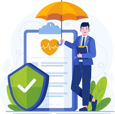 Insurance Concept Illustration A Male Insurance Agent Standing With Crossed Legs Holding An Umbrella Near A Huge Insurance Policy Paper Document Illustration