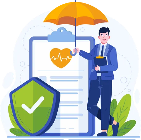 Male Insurance Agent Standing With Crossed Legs Holding an Umbrella Near a Huge Insurance Policy Paper Document  Illustration