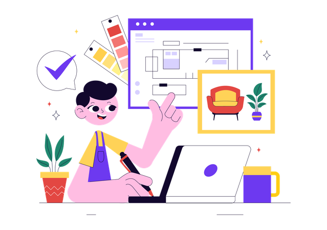 Male interior designer working on furniture design  Illustration