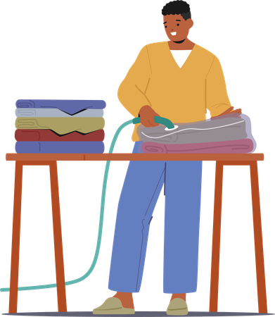 Male is efficiently vacuuming clothes sealed in a bag  Illustration