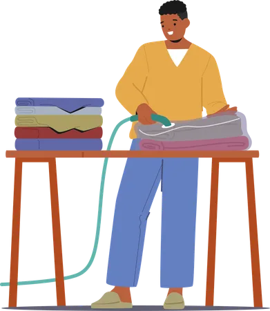 Male is efficiently vacuuming clothes sealed in a bag  Illustration