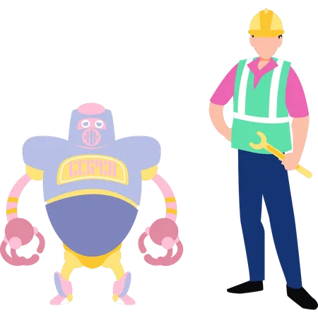 A Man Stands Next To A Robot Illustration
