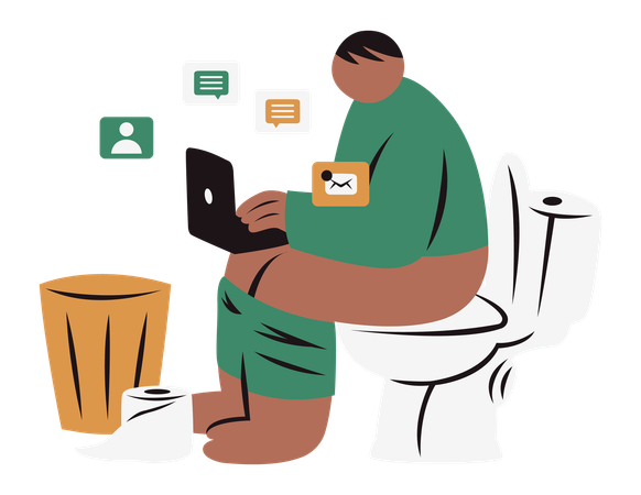 Male is working on a laptop while sitting on the toilet  Illustration