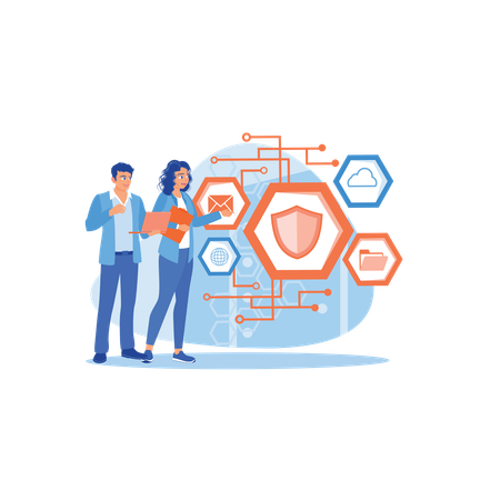 Male IT Specialist Using  Laptop And Discussing Work With Female Server Technician In Data Center  Illustration