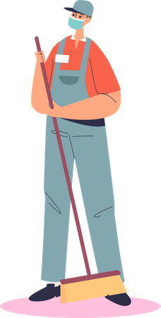 Male janitor wearing medical mask  Illustration