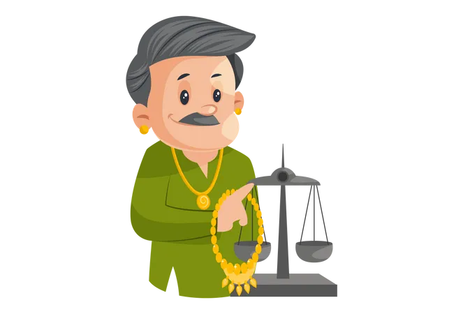 Male Jeweler Holding Gold Chain In Hand And Weighing It Illustration