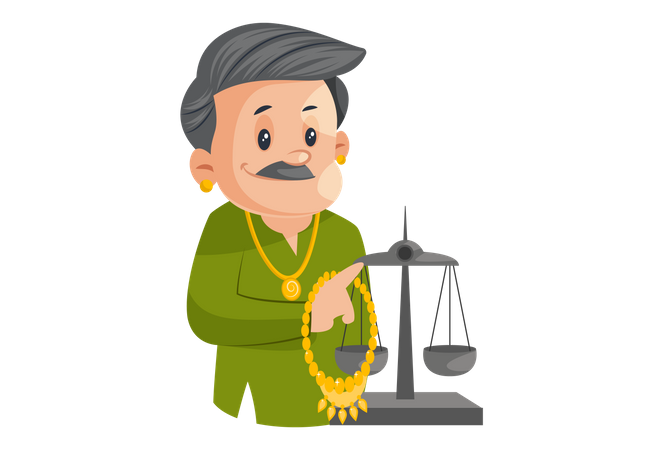 Male Jeweler Holding Gold Chain In Hand And Weighing It  Illustration