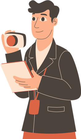 Male journalist standing with camera and news report  Illustration