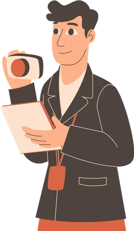 Male journalist standing with camera and news report  Illustration