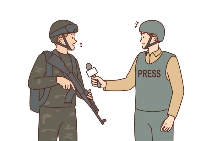 Male journalist taking interview of soldier at war  Illustration