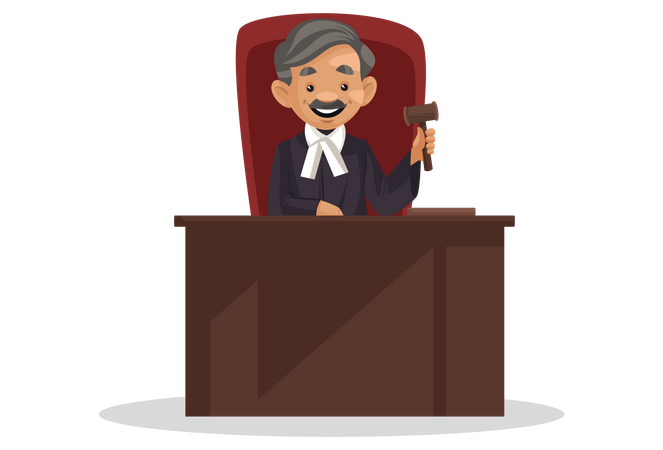 Male Judge sitting in courtroom holding hammer in hand  Illustration