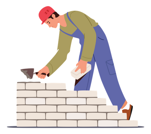 Male labor laying bricks at site and making wall  Illustration