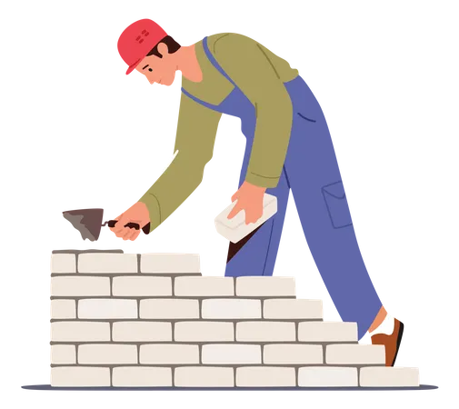 Male labor laying bricks at site and making wall  Illustration